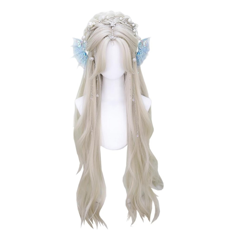 Unisex Light Long Wavy Wig With Bangs Blonde Heat Resistant Synthetic Hair For Women Cosplay