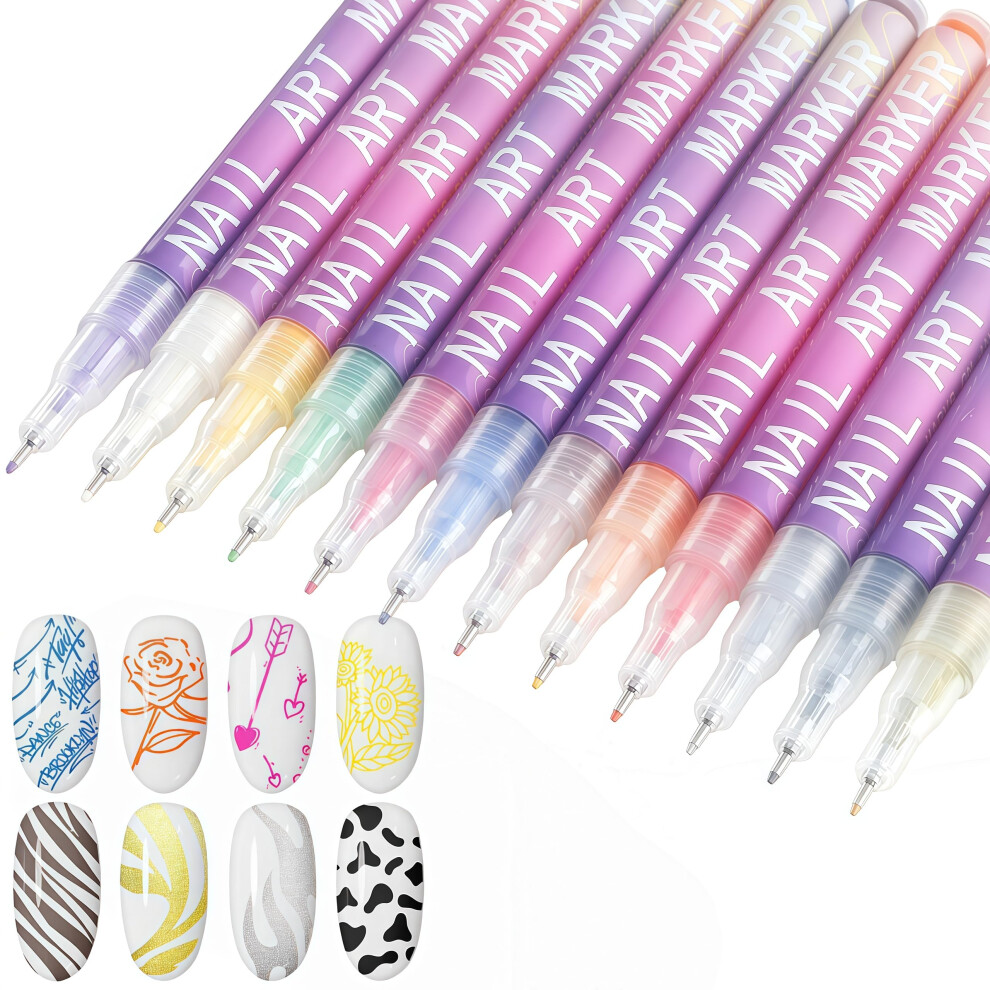 12 Colors Nail Art Pens Set 0.5mm UltraFine Tip QuickDry Waterproof Ink for DIY Nail Drawing