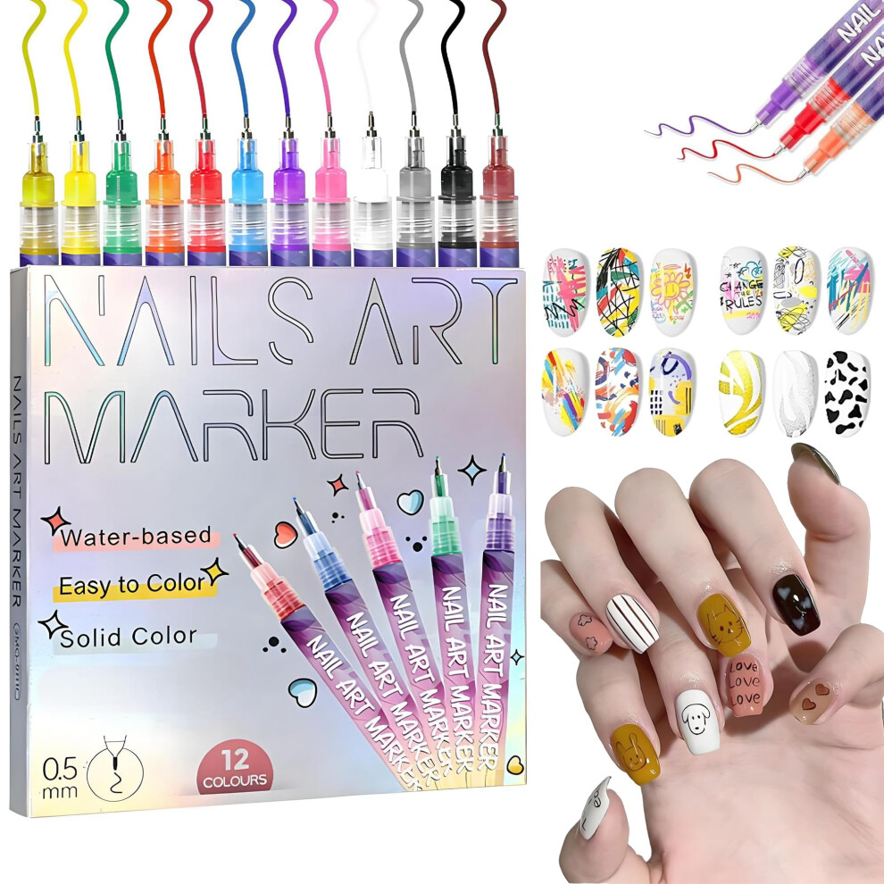 12 Colors Nail Art Pens Set with 0.5mm Fine Tip Markers for DIY Drawing and Painting Tools