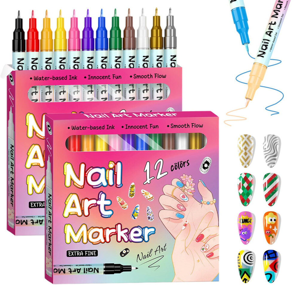 Waterproof Nail Art Pen Set, QuickDry Fine Tip Markers for DIY Manicure, 24 Vibrant Colors