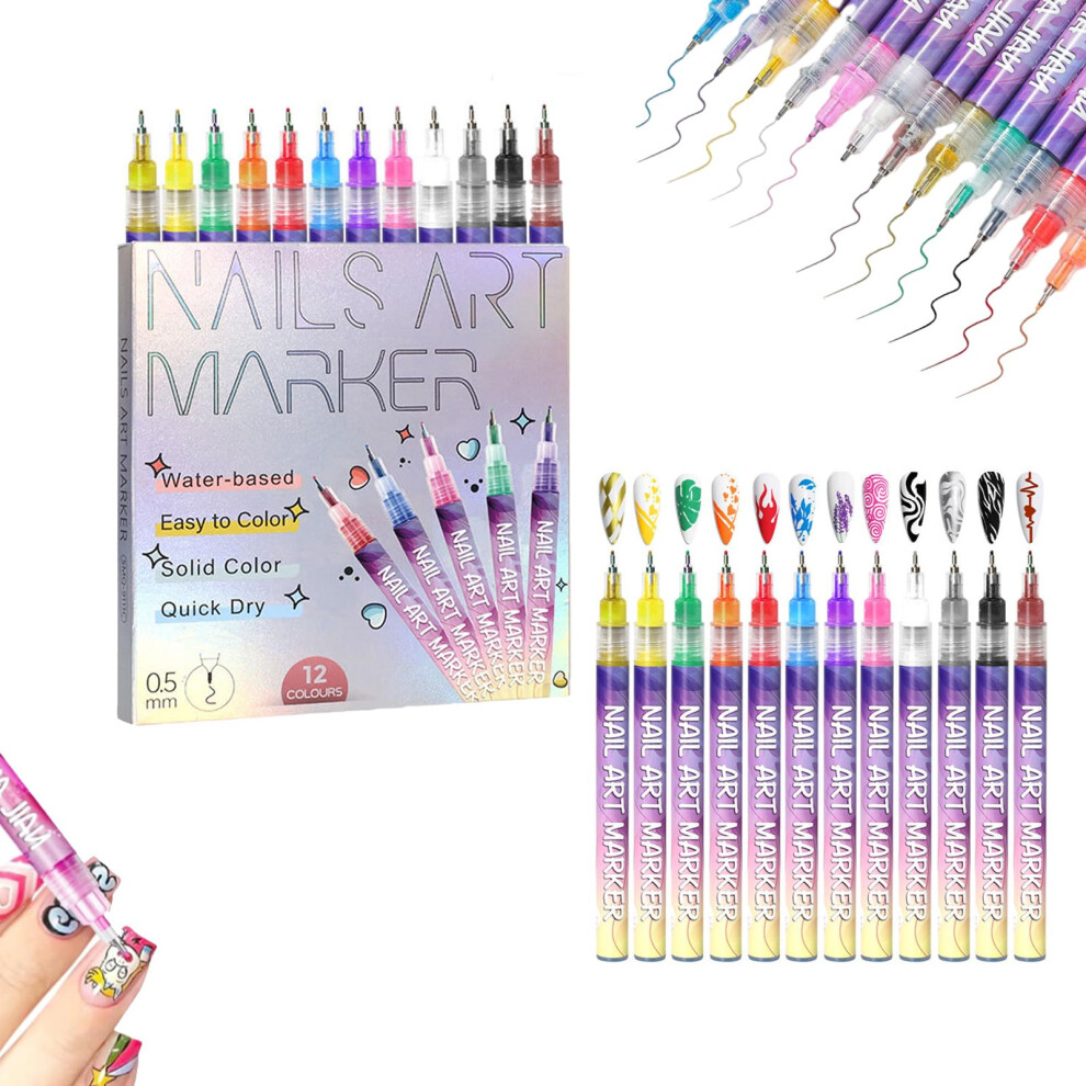 12 Colors Nail Art Pens Set with Waterproof Vibrant Colors, 0.5mm Fine Tip Nail Art Markers for Detailed Designs