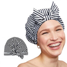 Women's Shower Cap Waterproof Adjustable Fit with Bow for Long Hair Luxury Black and White