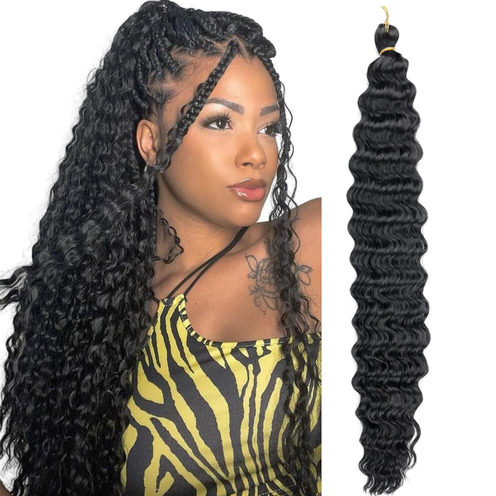 Unisex Deep Wave Crochet Braiding Hair Human Hair Blend Ocean Wave Extensions 24 Inch 1B For Women