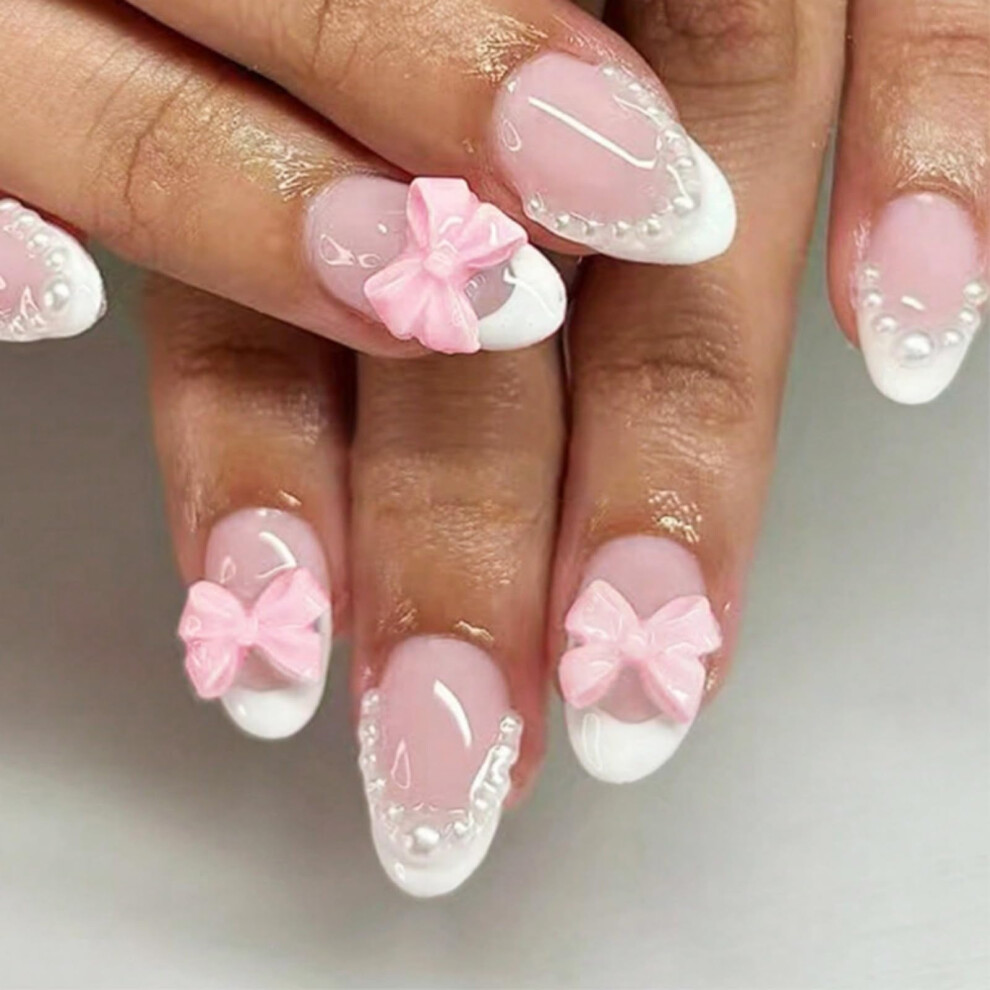 White Almond Press On Nails French Tip Fake Nails With Pearl Bow, 24Pcs Salonquality For Women
