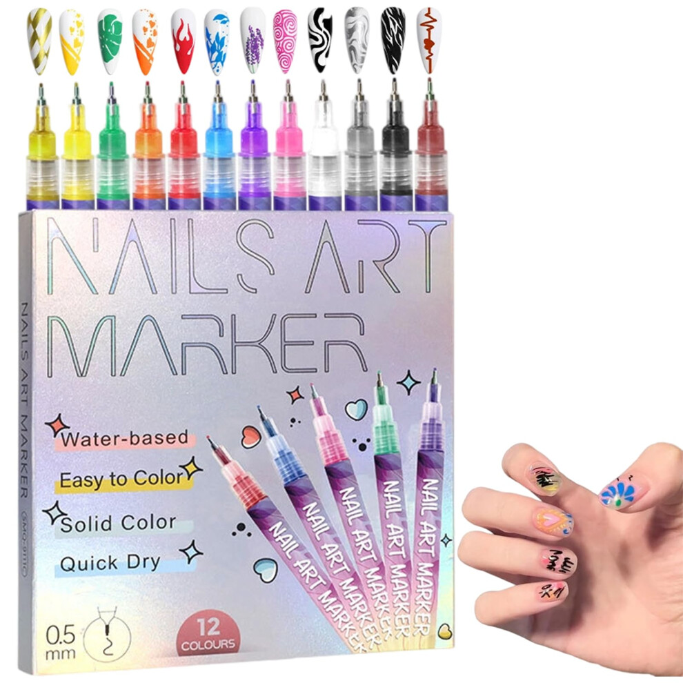 Waterproof Quick Dry Nail Art Pens Set, 12 Colors 0.5mm Fine Tip Markers for Gel Nails