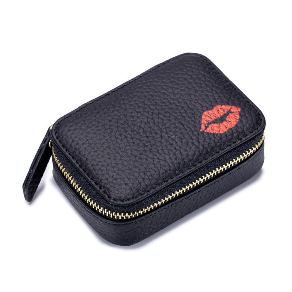 Black Pu Leather Lipstick Case With Mirror, Travel Holder For 3 Lipsticks With Zipper Closure,