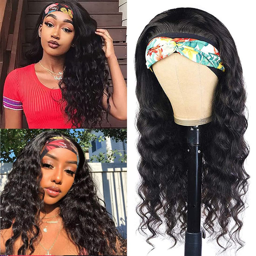 Unisex Black Loose Deep Wave Headband Wig 18 Inch 180% Density Brazilian Remy Virgin Human Hair For Women