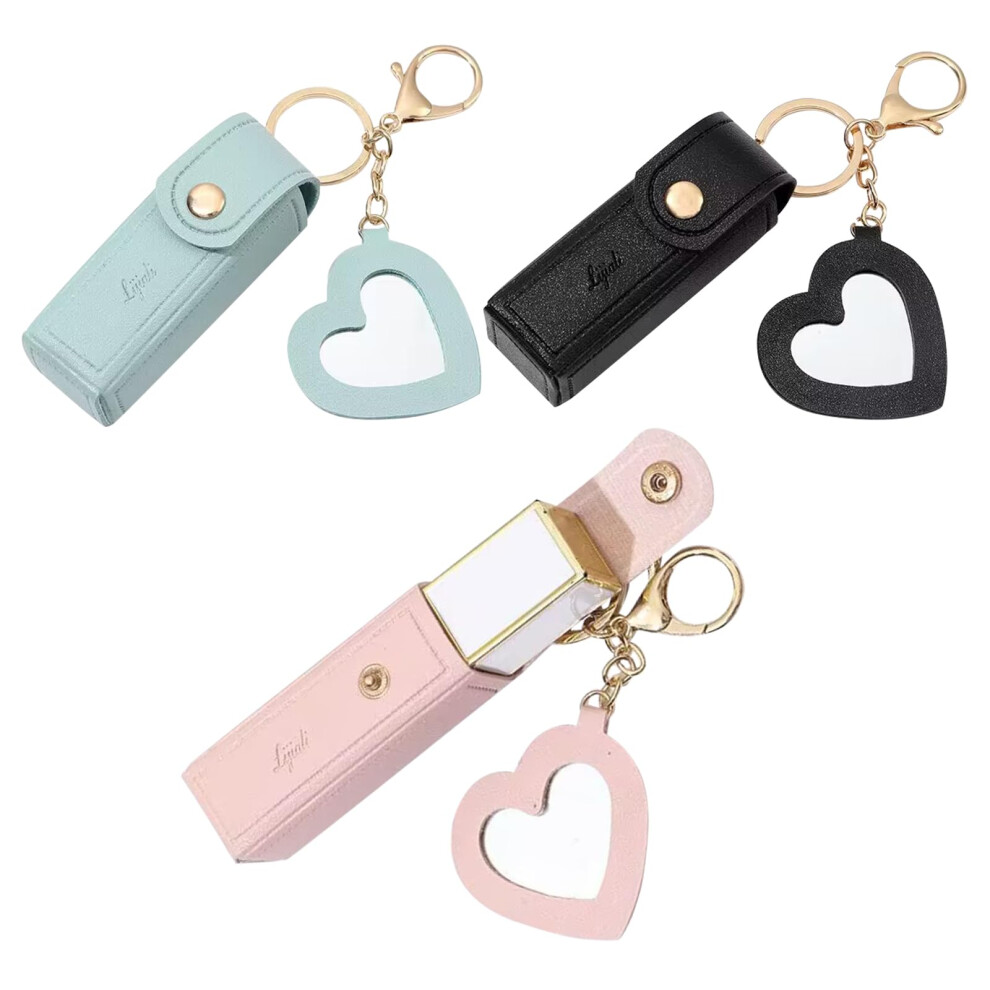 3PCS PU Leather Lip Balm Holder Keychain with Heart Mirror, Travel Lipstick Pouch Set