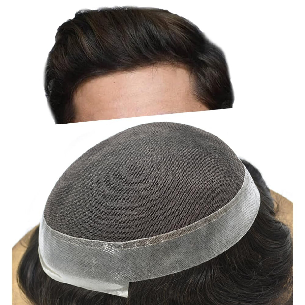 Unisex Black Mens Toupee Remy Human Hairpiece With Natural Vloop Hairline, 7X9 Inch Jet Lace Base
