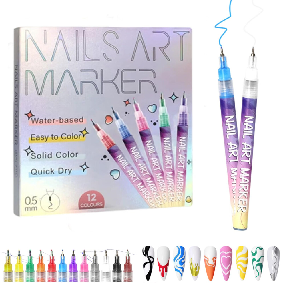 12 Colors Nail Art Pens Set with 0.5mm Fine Tip, Quick Dry Acrylic Paint Markers for Nails