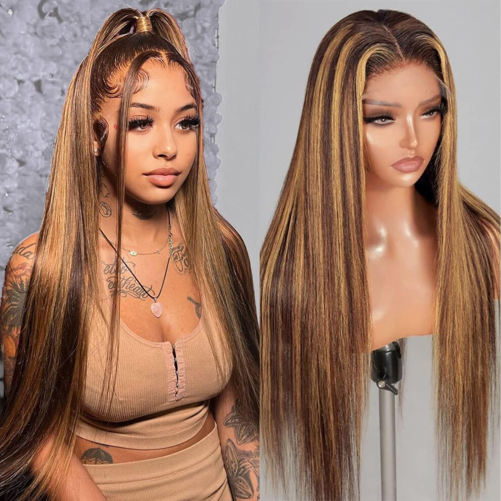 Unisex Human Hair Lace Front Wig Pre Plucked Hd Transparent Glueless Straight Highlight P4/30 200% Density