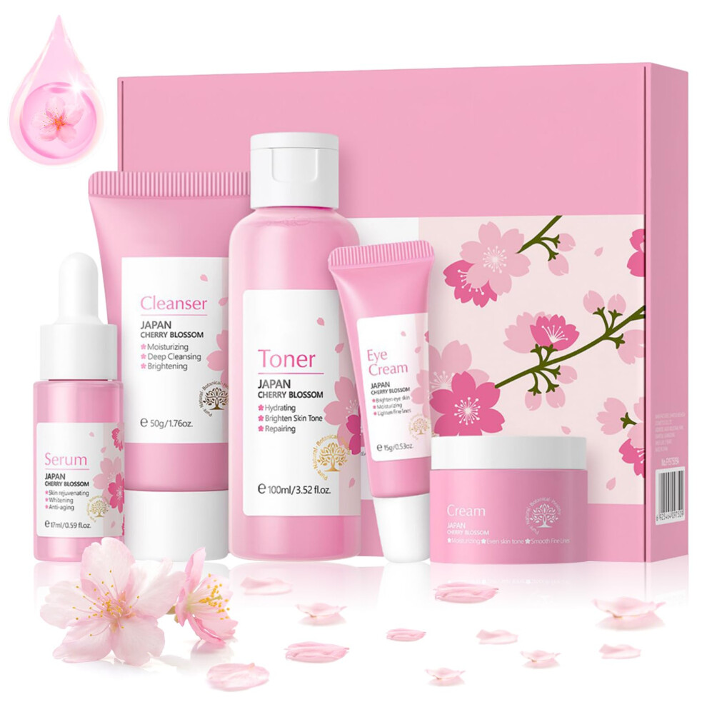 Cream Cherry Blossom Travel Skincare Set 5 Pcs For Teenage Girls With Cleanser Toner Serum Eye