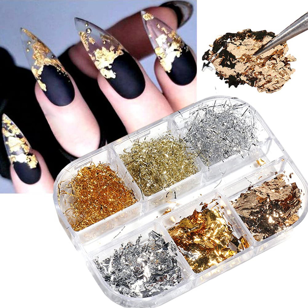 Gold/Silver Holographic Nail Art Foil Glitter Flakes Kit 6 Colors Metallic 3D Sparkle For Acrylic Nails