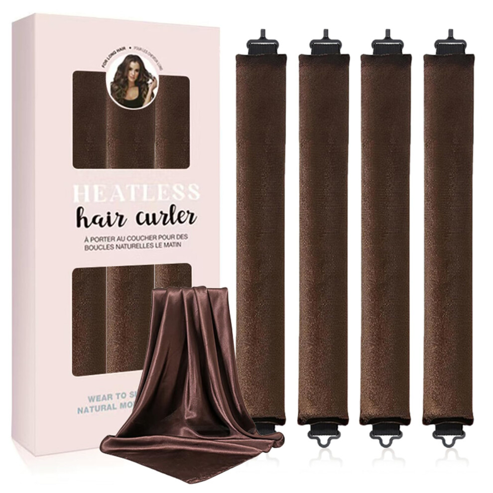 Brown Heatless Curling Rod Set With Silk Scrunchie, No Heat Hair Curler For Overnight Damage Curls,