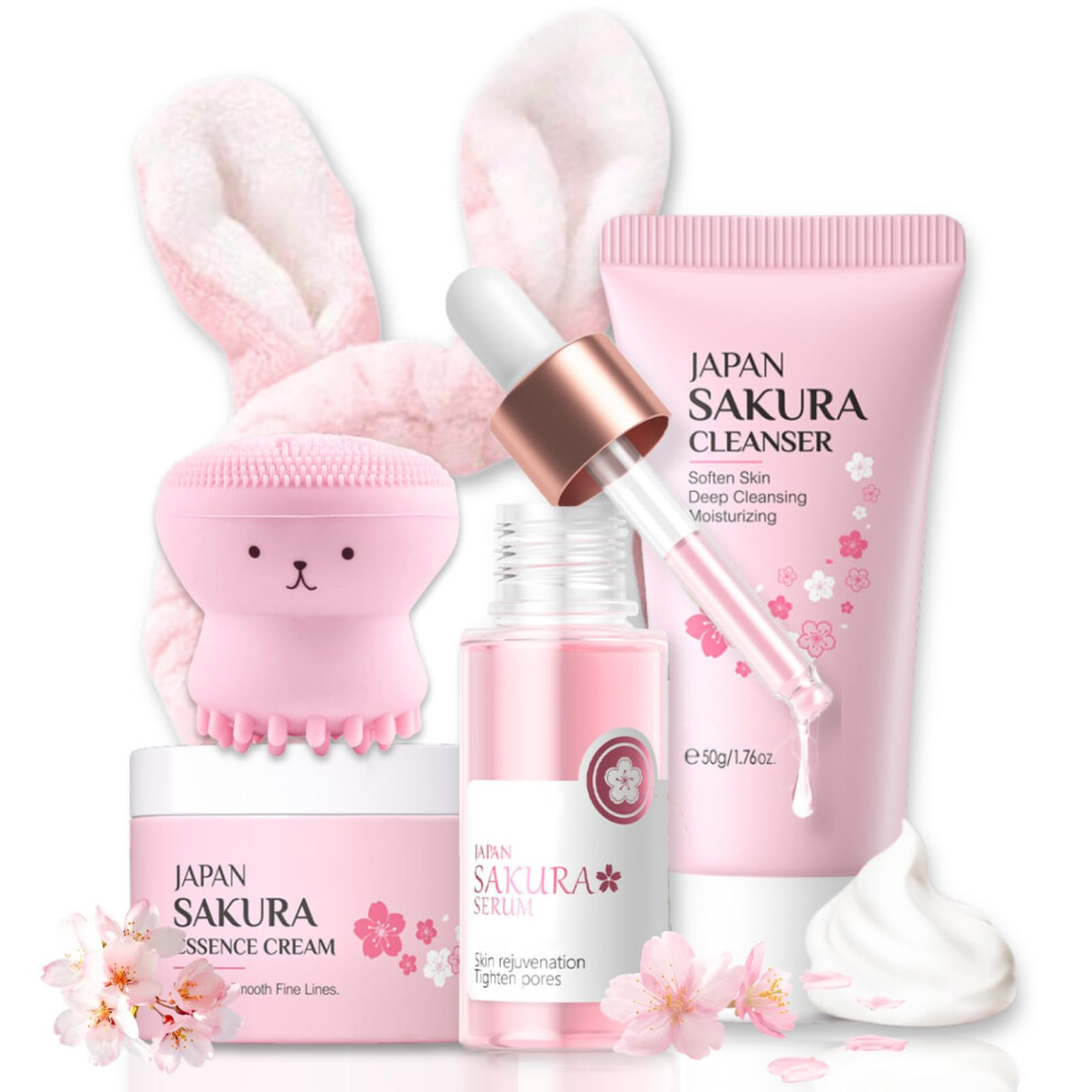Skincare Set with Cherry Blossom Essence, 5 Piece Hydrating Travel Skincare Kit for Teen Girls
