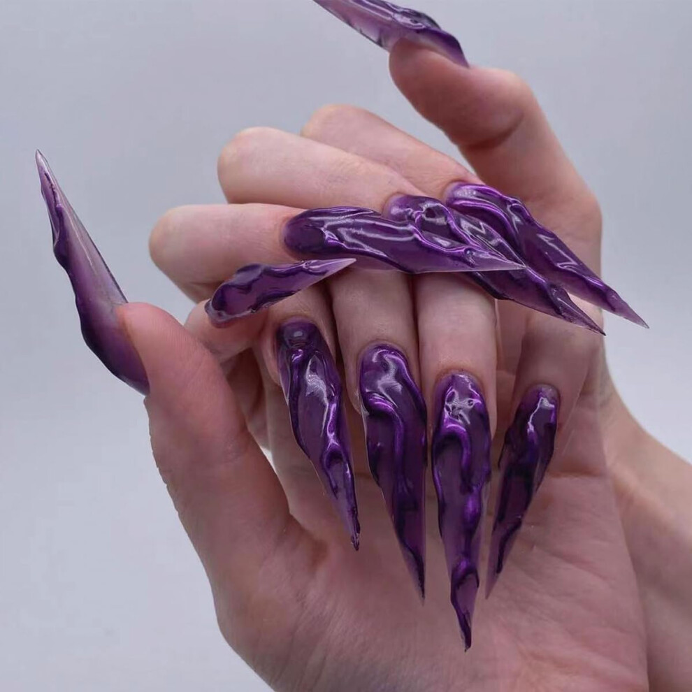 Extra Long Stiletto Press On Nails Halloween Purple 3D Ballerina Fake Nails Acrylic Tips Kit