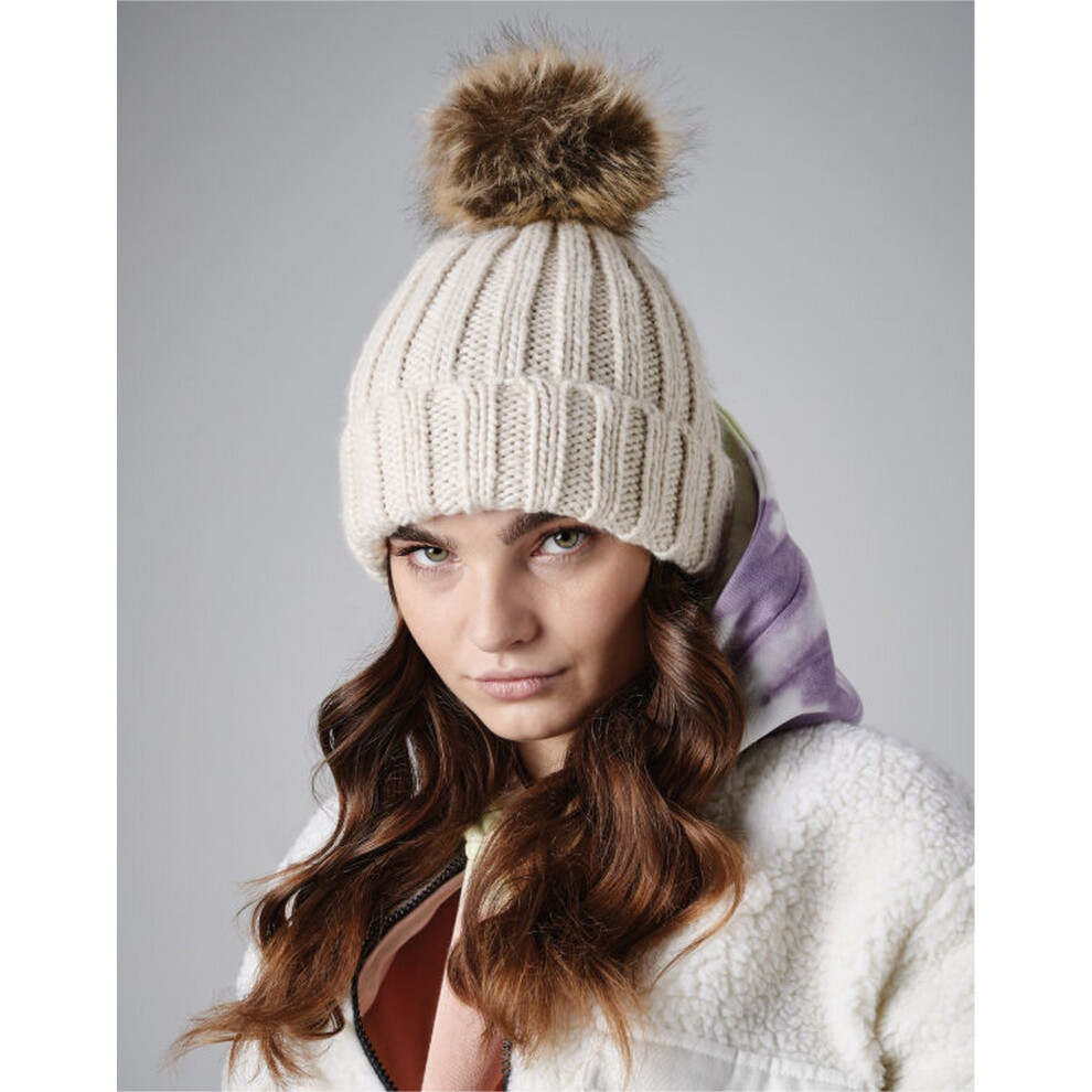Beechfield (One Size, Oatmeal) Pom Pom Faux Fur Chunky Knit Beanie