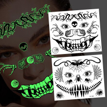 Halloween Face Tattoo Stickers Glow in the Dark Skeleton Mouth and Spider Web Temporary Tattoos for Adults