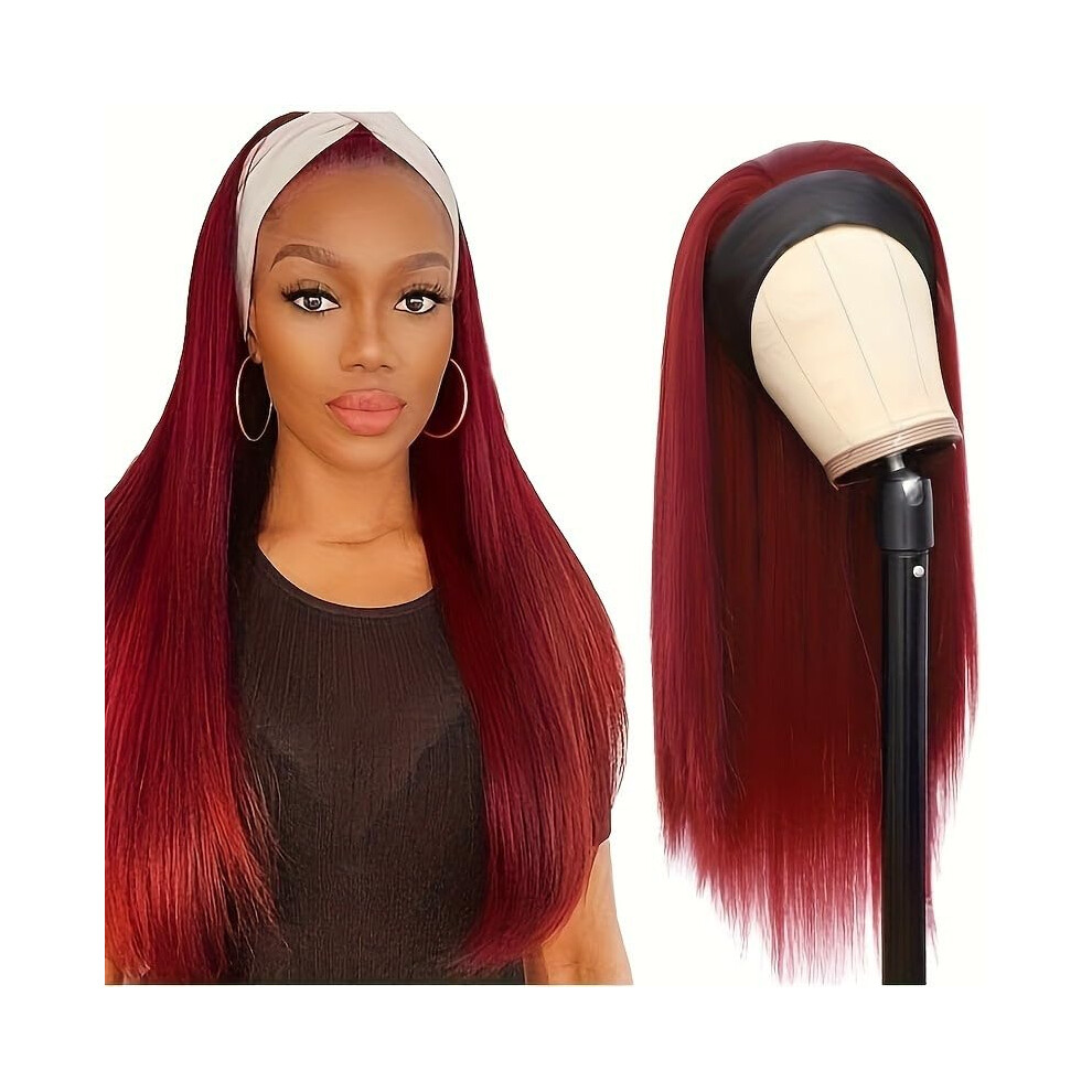 16 Inch Burgundy Human Hair Headband Wig, Glueless Brazilian Virgin Hair, 150 Density Natural Look