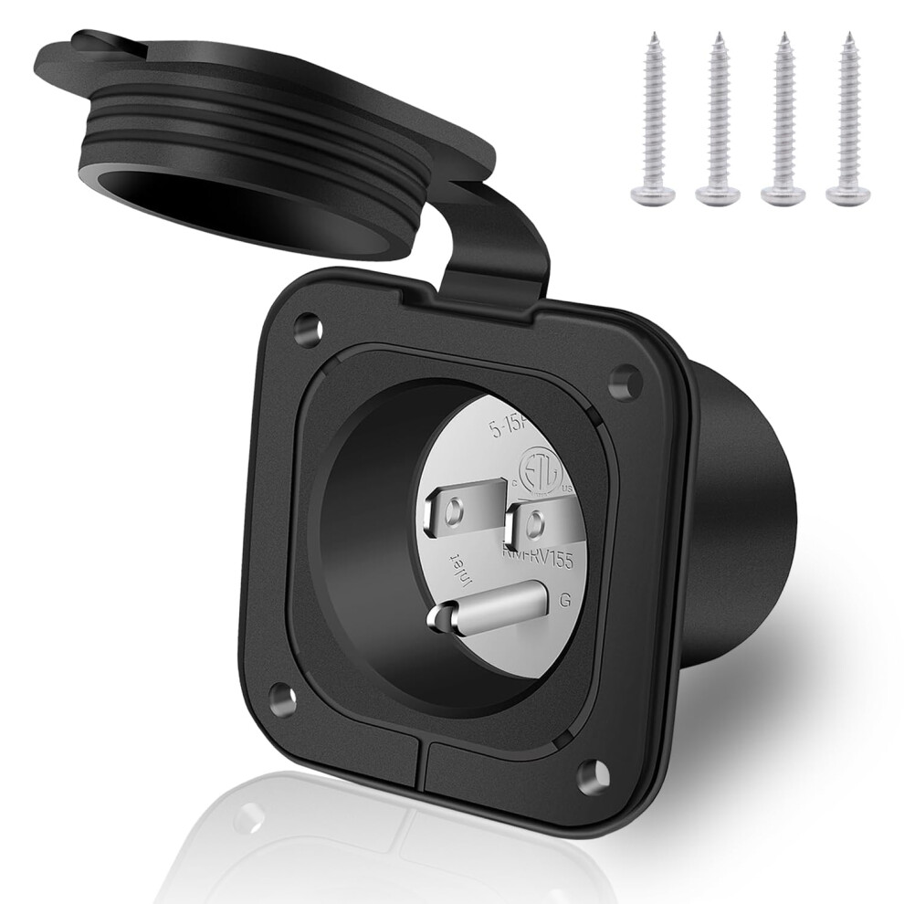 15 Amp Rv Shore Power Inlet With Waterproof Cover, Nema 515P Waterproof Flange Mount Outlet For Marine Trailer Generator 9771547001287