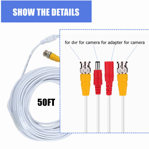 50ft White BNC Video Power Cable for Security Camera Replacement Quick Restoration 2in1 2