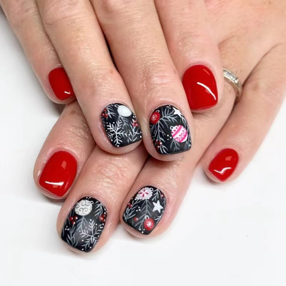 Christmas Press On Nails with Tree and Snowflake Design, Reusable Acrylic Nail Kit 24pcs