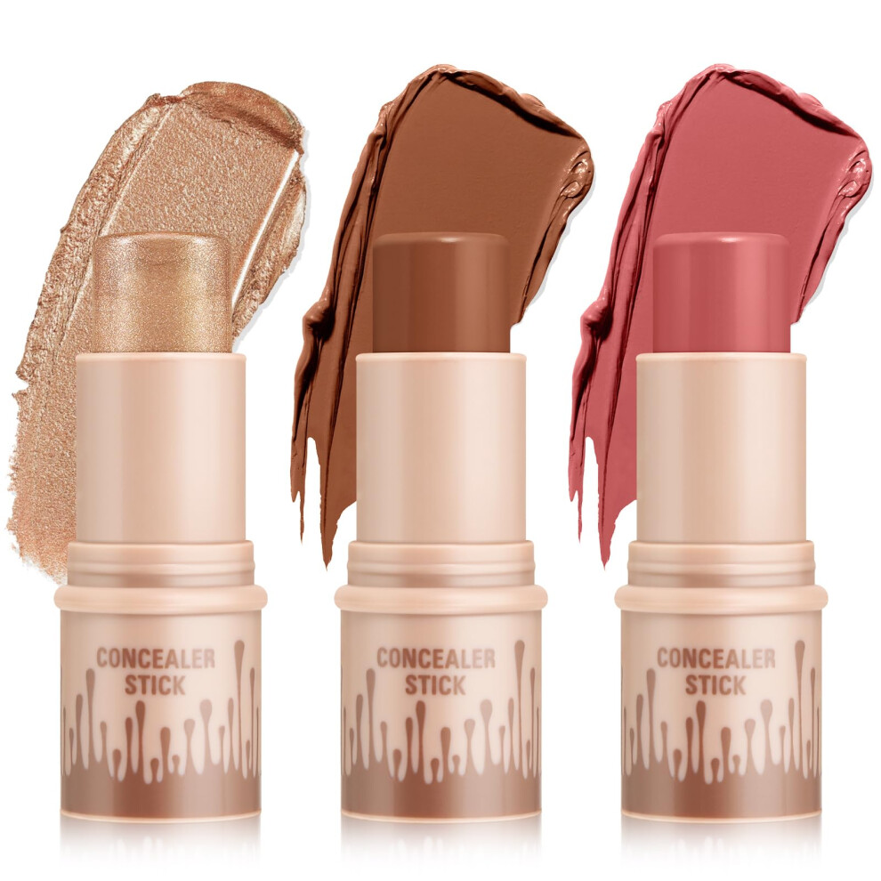 Contour Stick and Highlighter Stick Set with Blush, Creamy Blendable Texture, LongLasting Waterproof
