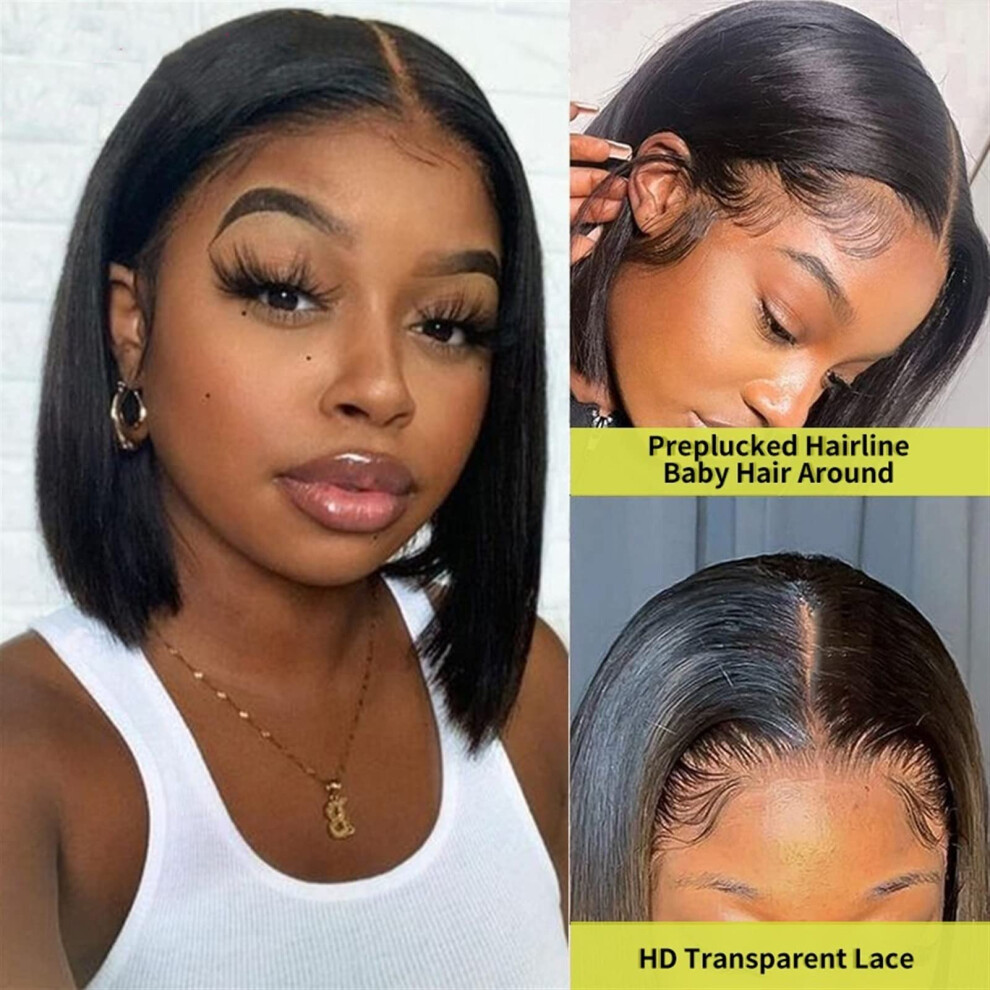 Unisex Straight Bob Human Hair Wig 12 Inch Brazilian Lace Front Preplucked 13X5 Hd Transparent 180 Density