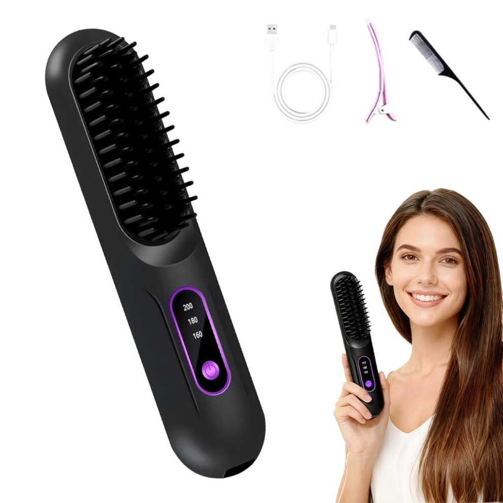 Black Cordless Hair Straightener Brush With Lcd Display, Ceramic Glide Teeth, Fast Heating,