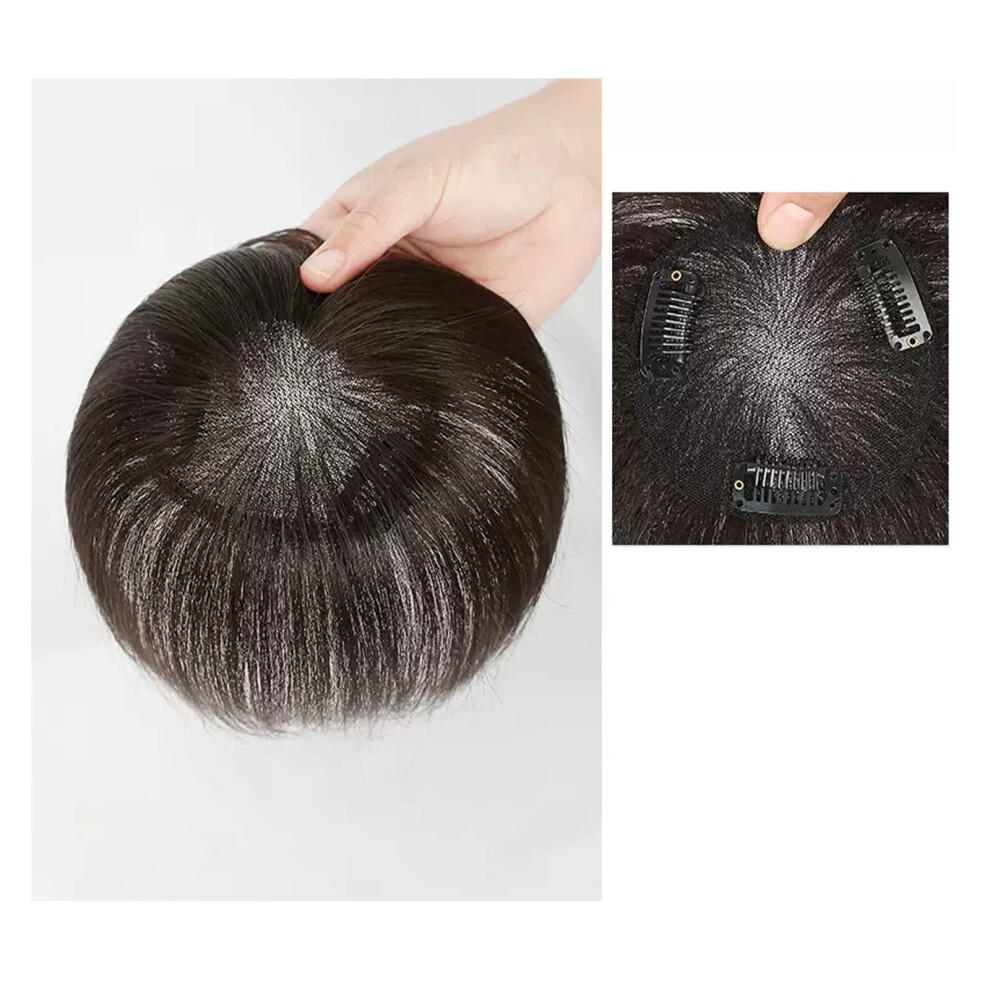 Unisex Brown Human Hair Topper For Women Clip In Bangs Hairpiece Dark 9X9cm Natural Scalp Effect