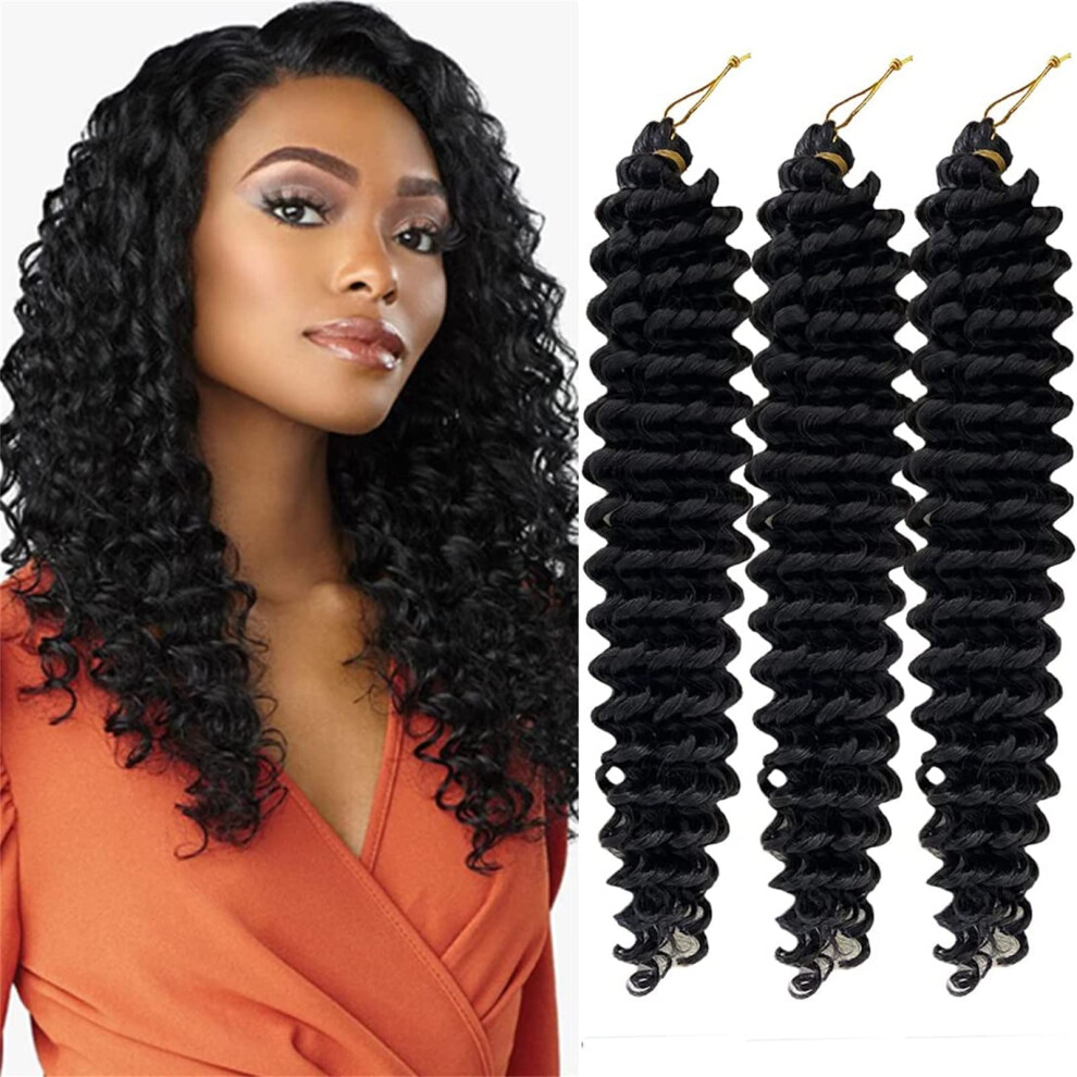 Unisex Black 28 Inch Deep Wave Crochet Hair Extensions For Women, Ocean Wave Synthetic Braiding Hair, 3 Packs