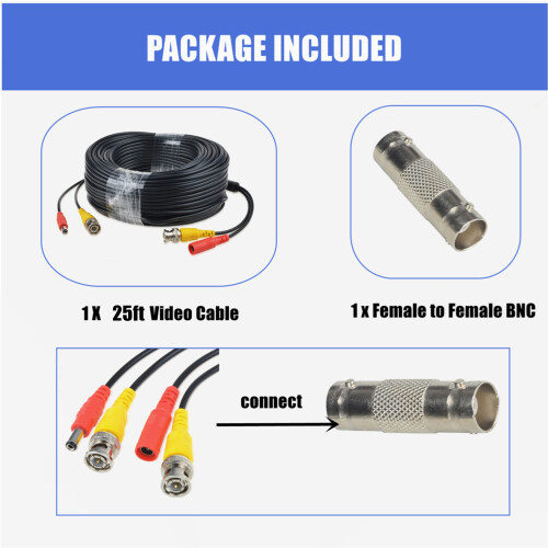 25ft Black BNC Video Power Cable for Security Camera for SDSP5102 SDSP5122 2