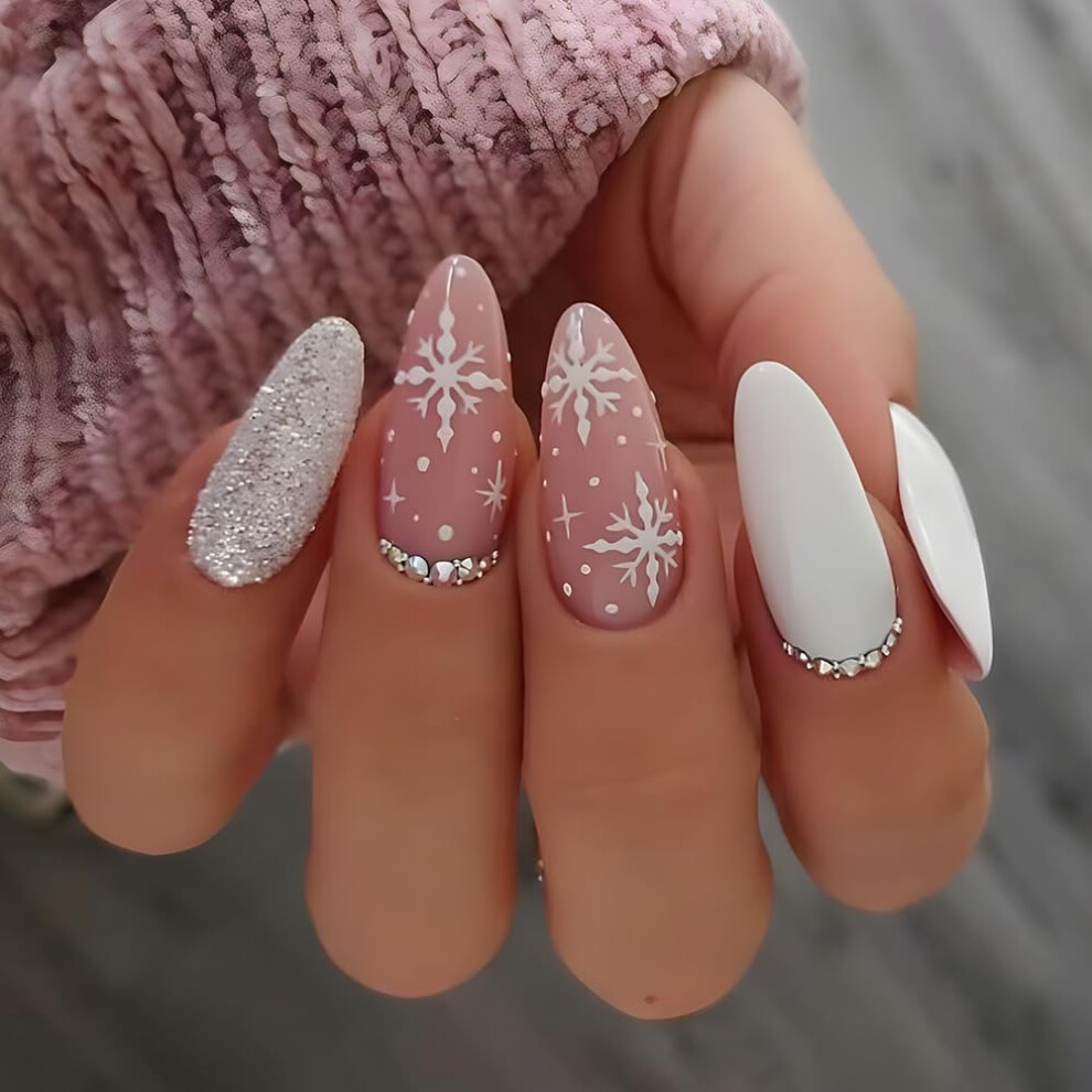 Pink Christmas Almond Press On Nails Set Medium Snowflake Fake Nails Reusable Acrylic 24Pcs