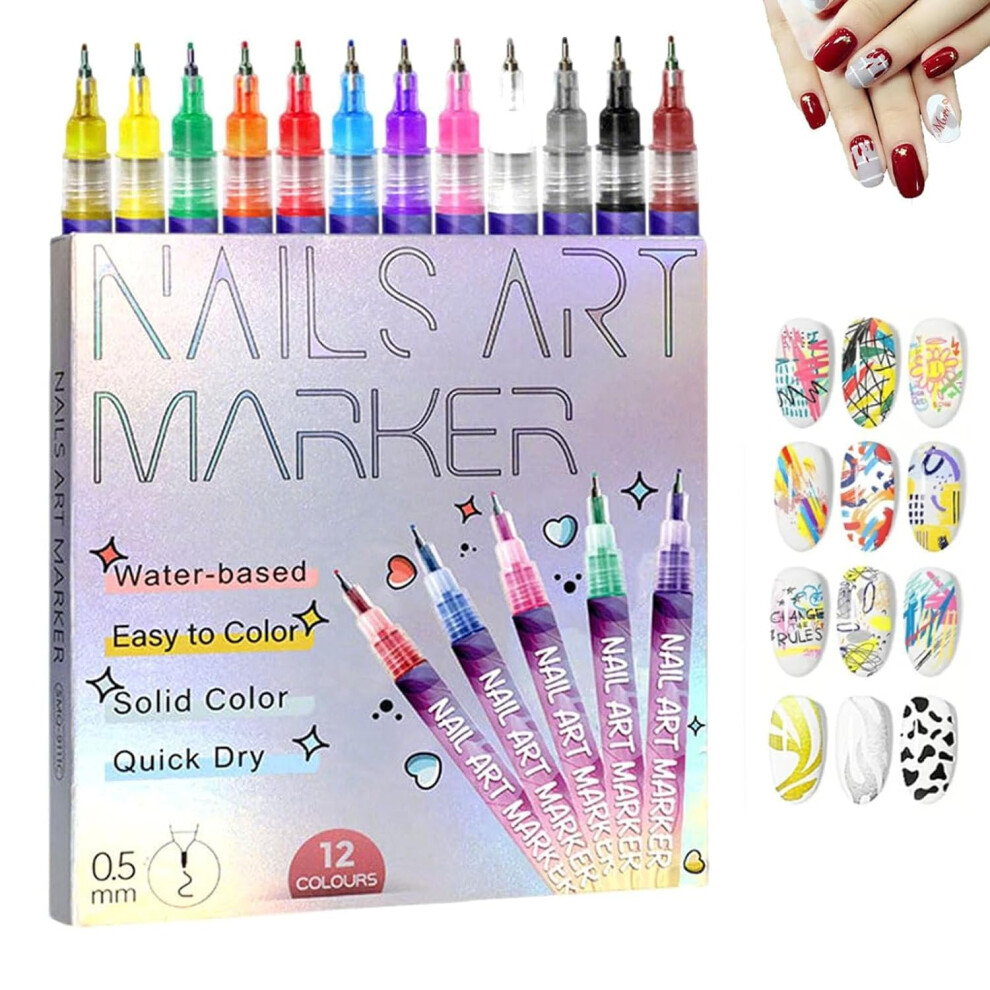 12 Color Nail Art Pens Set with Fine 0.5mm Tip, WaterBased Markers for Detailed Gel Nail Designs