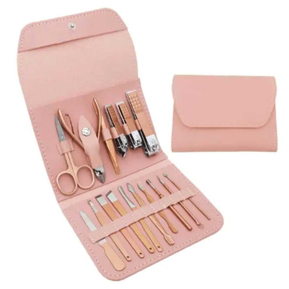 Stainless Steel Manicure Pedicure Set with Precision Nail Trimming Tools in Rose Gold Travel Case
