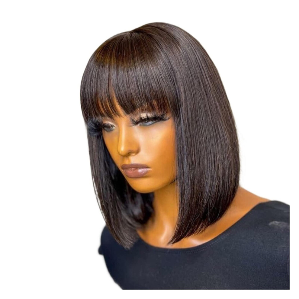 Unisex Human Hair Wig With Bangs Brazilian Straight Glueless Preplucked 16 Inch 180 Density For Women