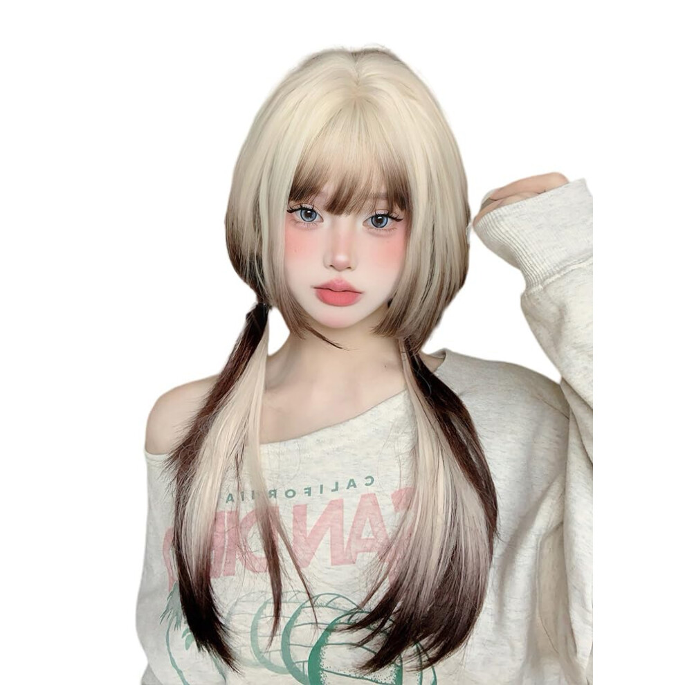 Unisex Cream,Brown,Gold Long Straight Wig With Bangs, Beige Gold Gradient Brown, 24 Inch Heat Resistant Synthetic