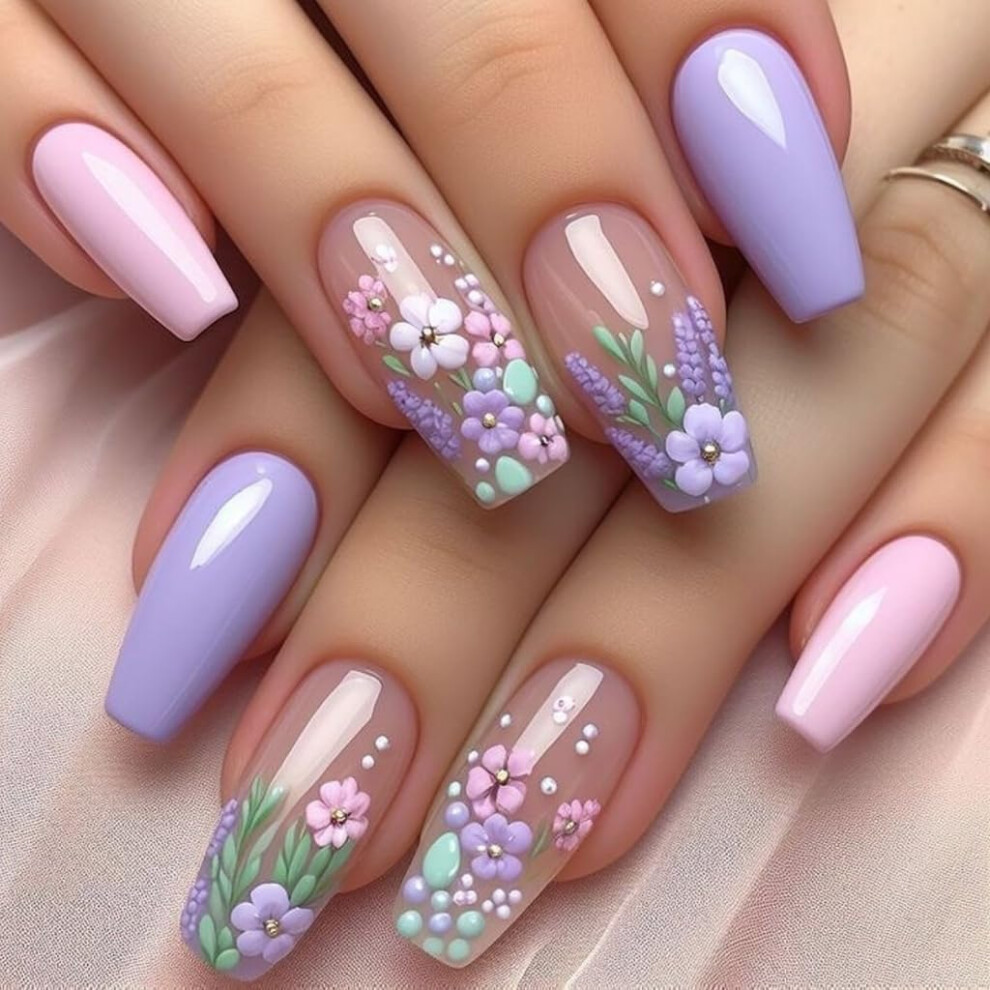 24 Pcs Short Ballerina Press On Nails Floral False Nails Glossy Acrylic Full Coverage Design