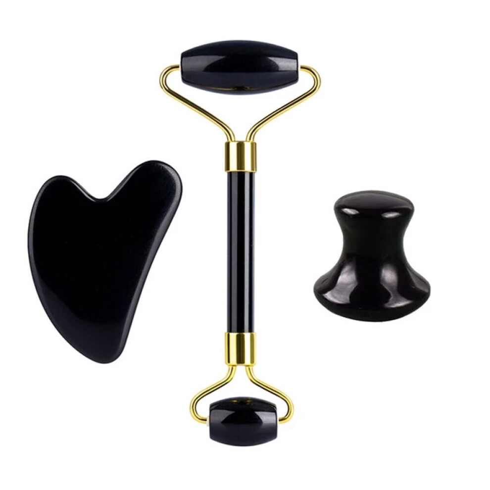 Jade Roller and Gua Sha Set with Black Obsidian Board for Cooling Facial Massage, Type 4