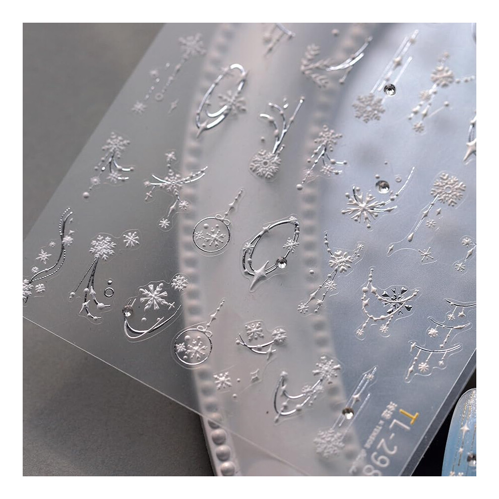 White 5D Embossed Christmas Nail Stickers With Snowflake And Rhinestone Accents For Winter Manicure