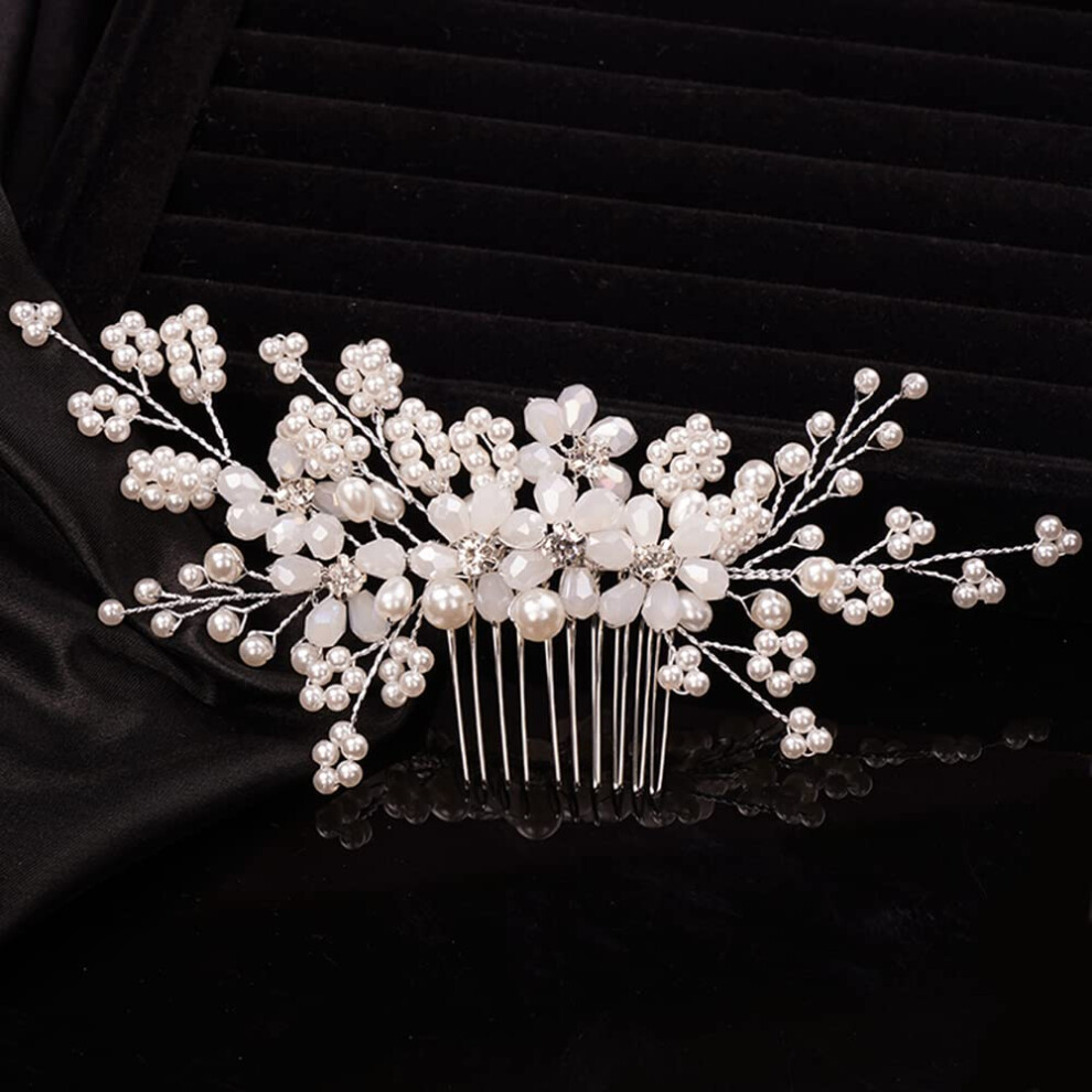 Unisex White Bridal Hair Comb With Floral Pearl And Rhinestone Accents For Elegant Wedding Hairstyles