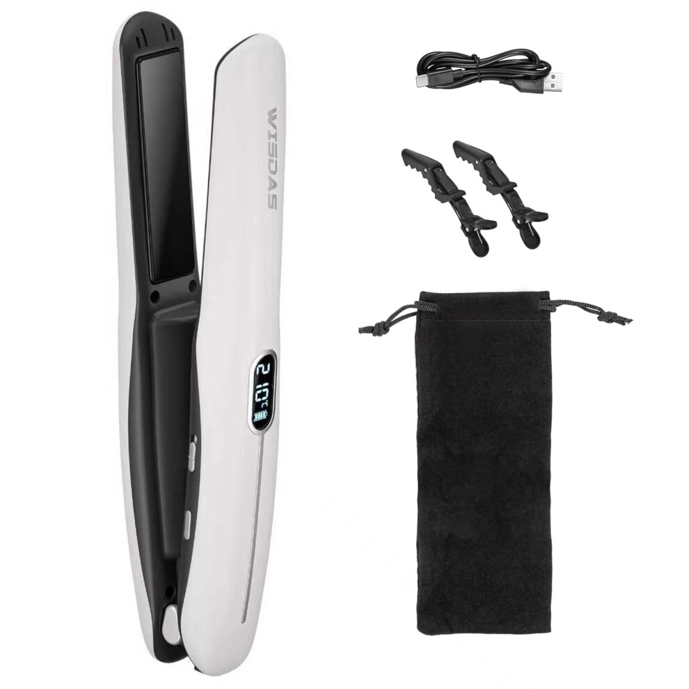 White Cordless Hair Straightener 2In1 Curler With Adjustable Heat Usb Rechargeable For Travel