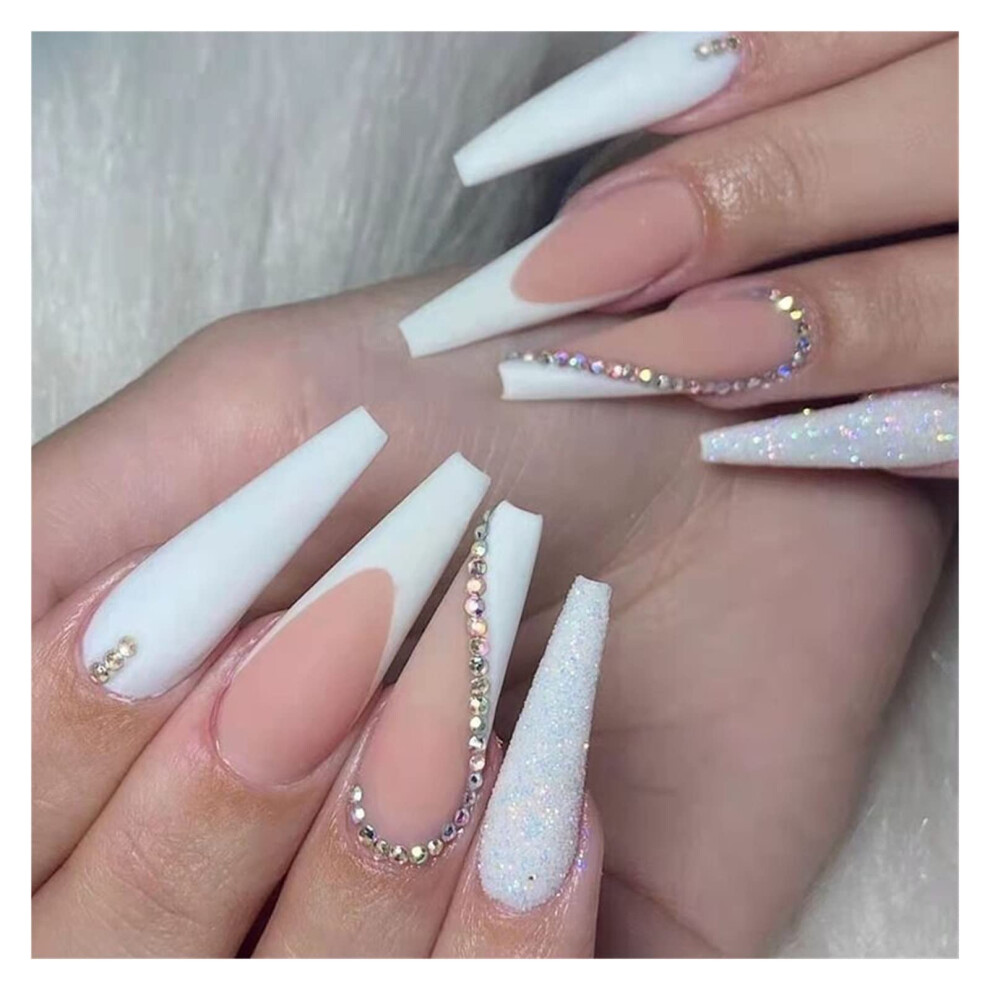 White Rhinestone Long Coffin False Nails Press On Tips Detachable Acrylic for Bride Manicure