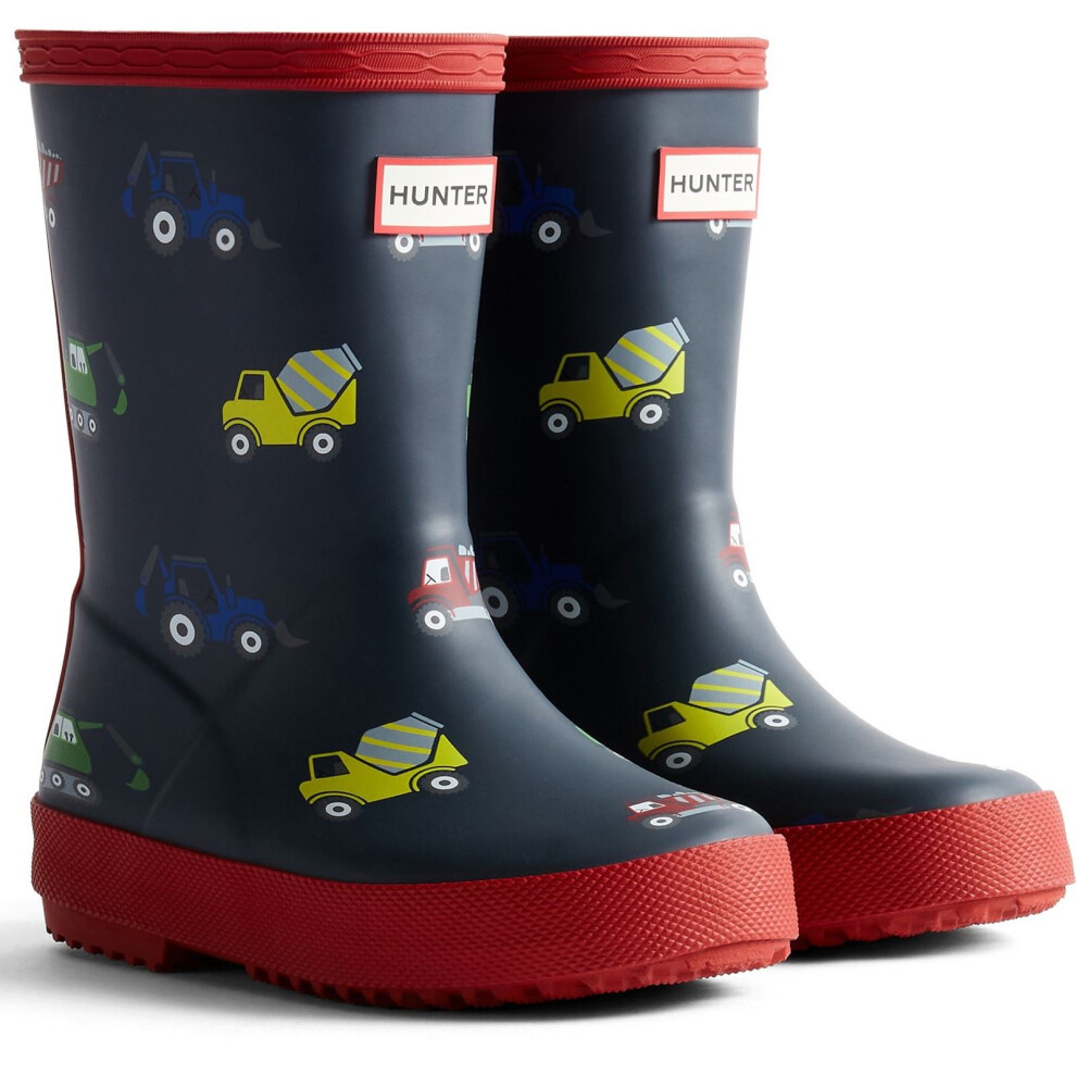 Hunter (, ) Kids First Construction Print Boot Rubber Boys's Navy/Military Wellington Boots Red