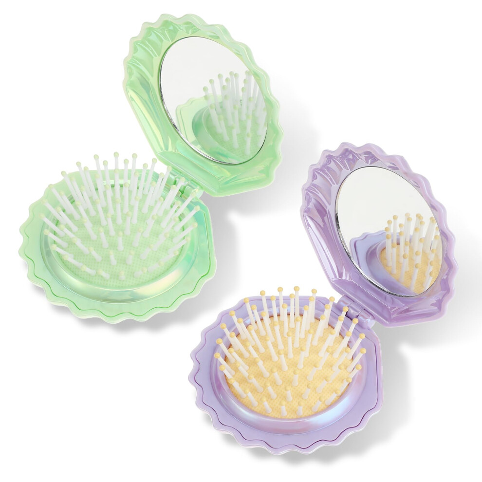 Green/Purple 2 Pcs Shell Folding Hair Brush With Mirror, Compact Travel Detangling Pocket Comb For Purse