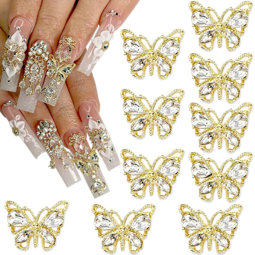 Gold Alloy 3D Butterfly Nail Charms With Crystal Zircon Rhinestones For Acrylic Nails 10Pcs