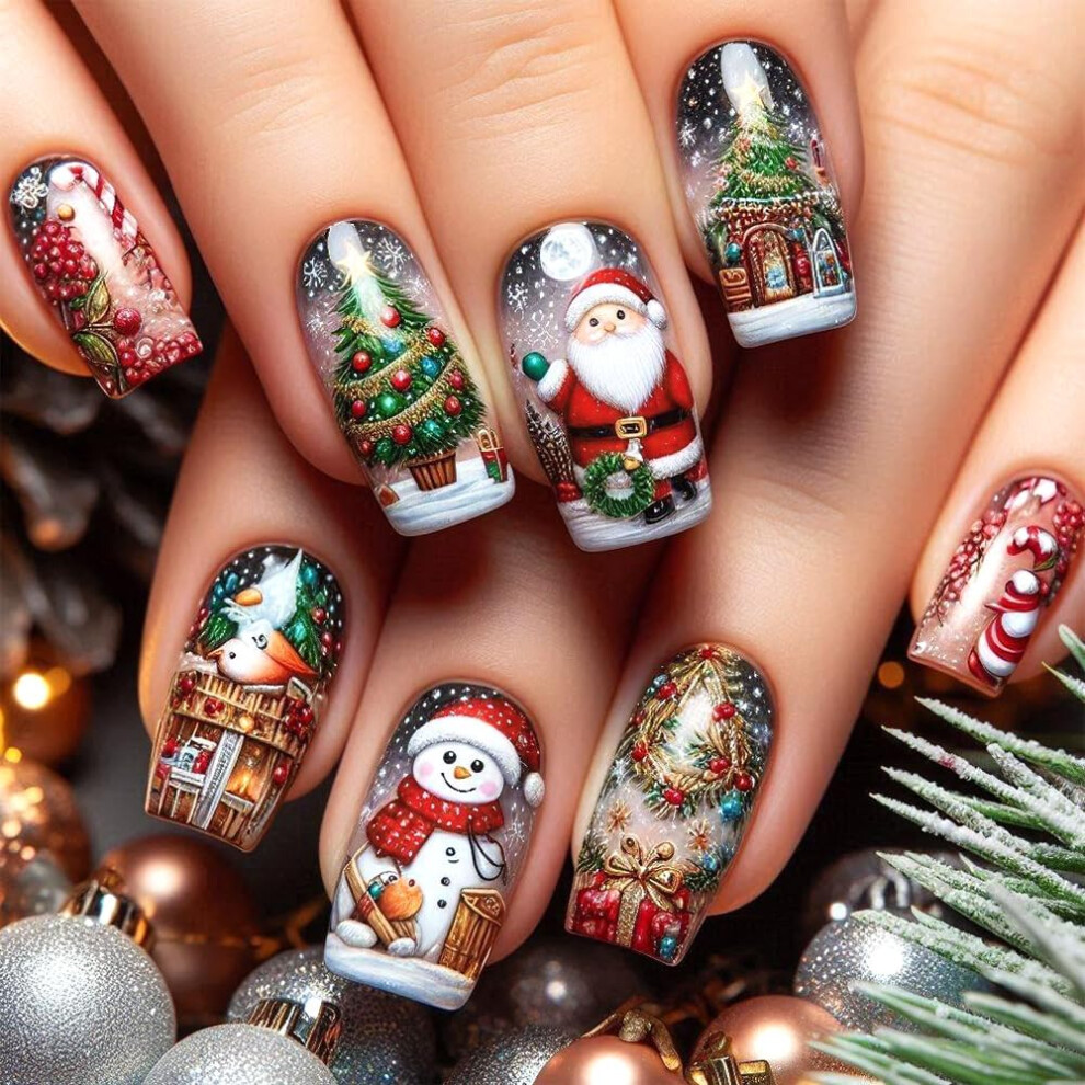 Christmas Press On Nails Medium Coffin Fake Nails with Glue Xmas Tree Snowman Design 24pcs