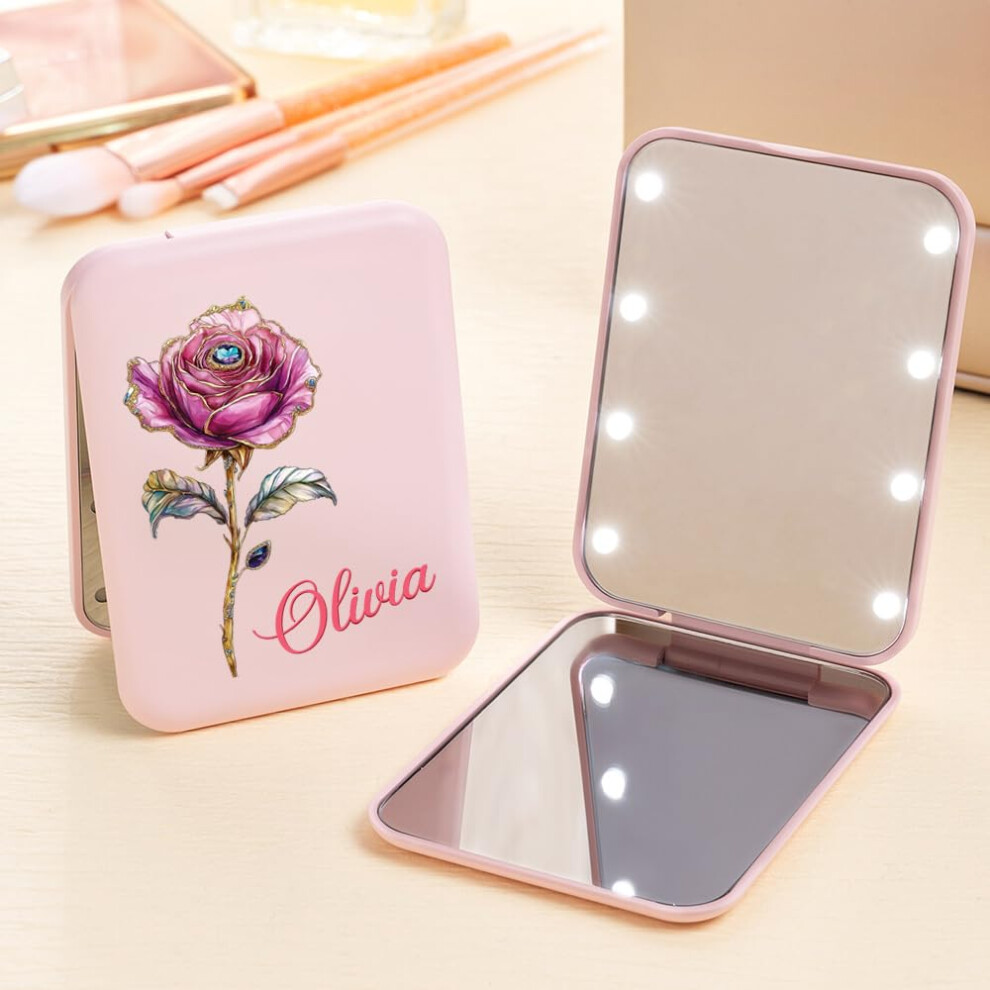 LED Pocket Mirror with Name, Custom Birth Flower Dual Sided Travel Makeup Mirror