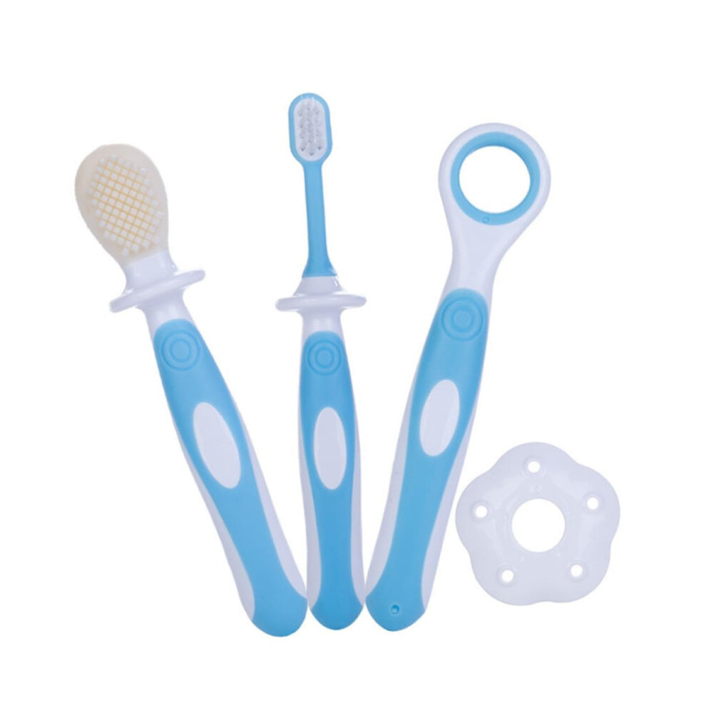 Baby Training Toothbrush With Tongue Cleaner, Dualsided Silicone, Gentle Gum Massage, Blue