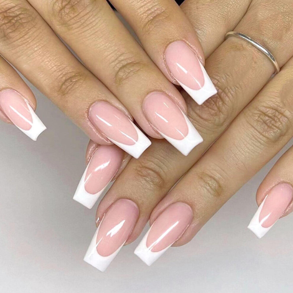 Long French Coffin Press on Nails with Glue, 24PCS White Full Cover Acrylic False Nails